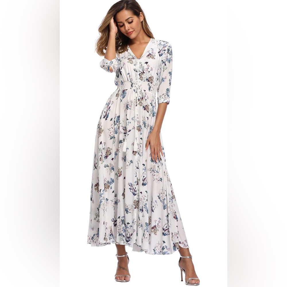 VintageClothing Floral Maxi Dress Boho Beach V-Neck Split Flowy Size M NWOT